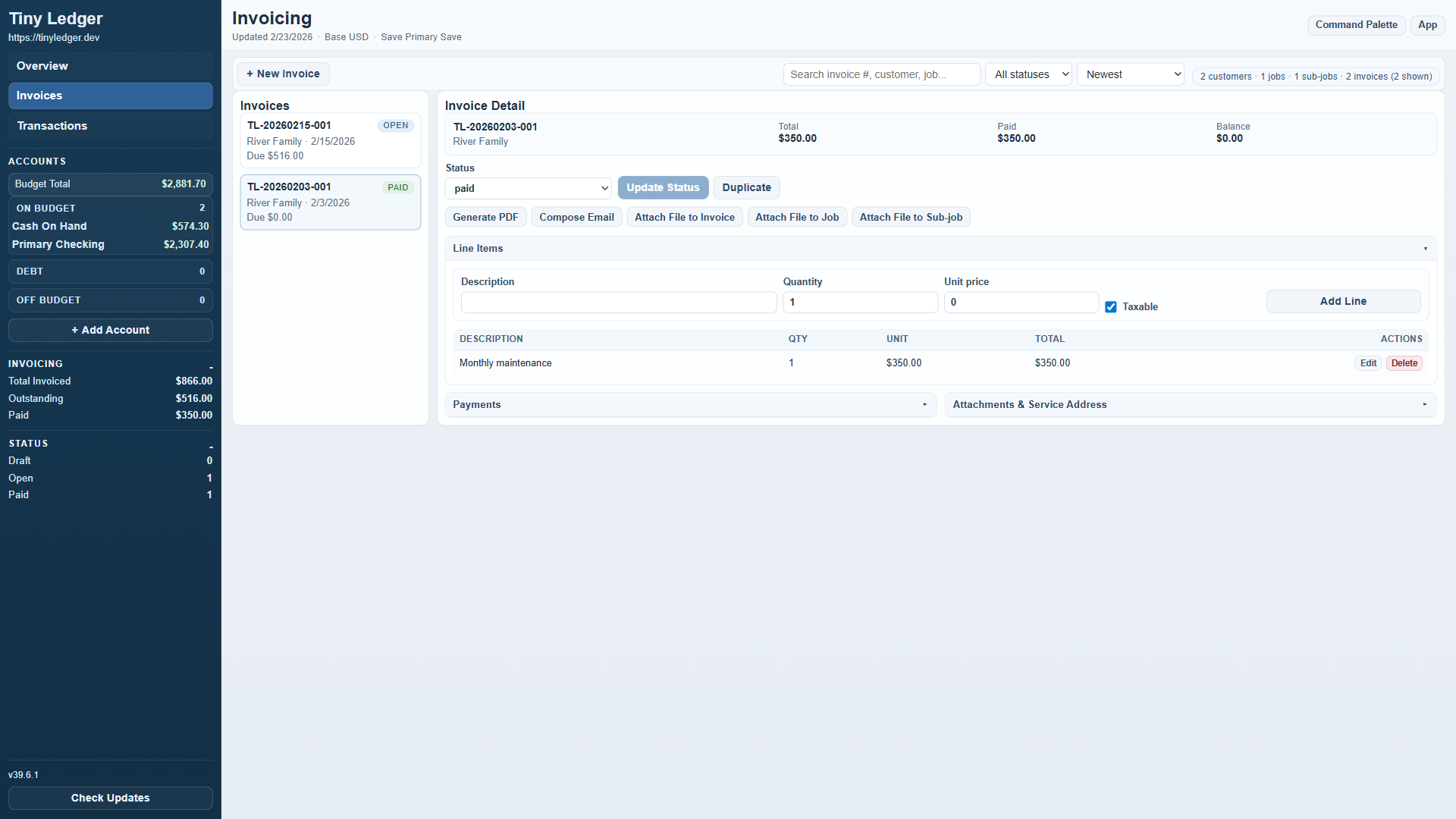 Tiny Ledger invoicing screenshot