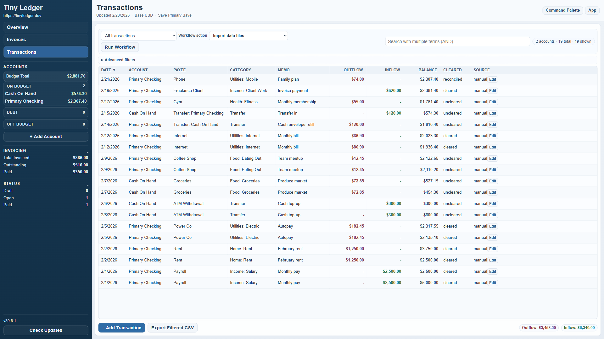 Tiny Ledger transactions screenshot